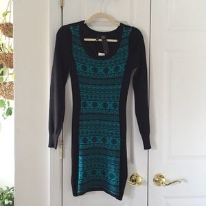 Ultra Flirt | Black Blue Aztec Print Knit Sweater Bodycon Fitted Dress Medium